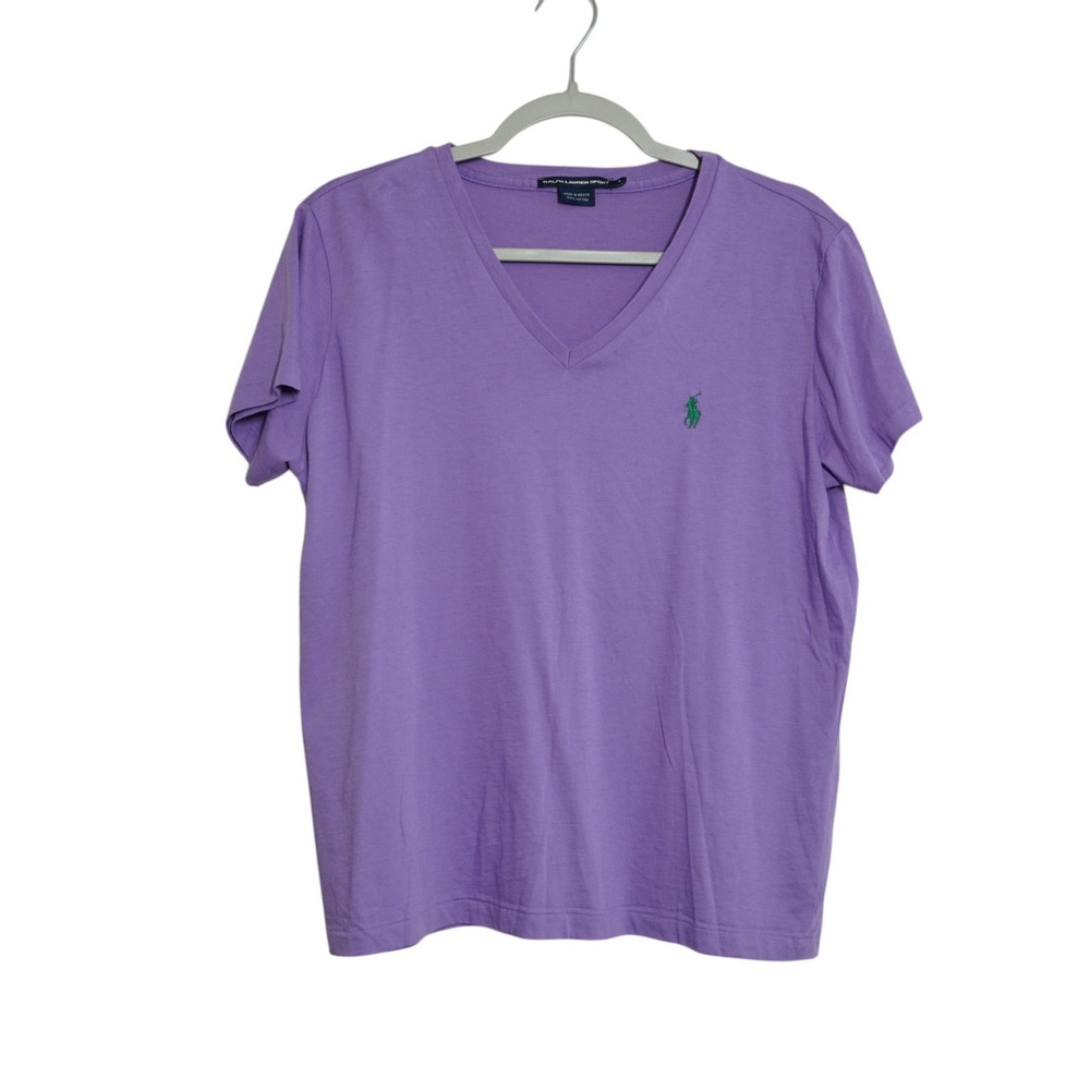 Ralph Lauren Sport Women's Large Purple V-Neck Cotton T-Shirt Green Pony Logo